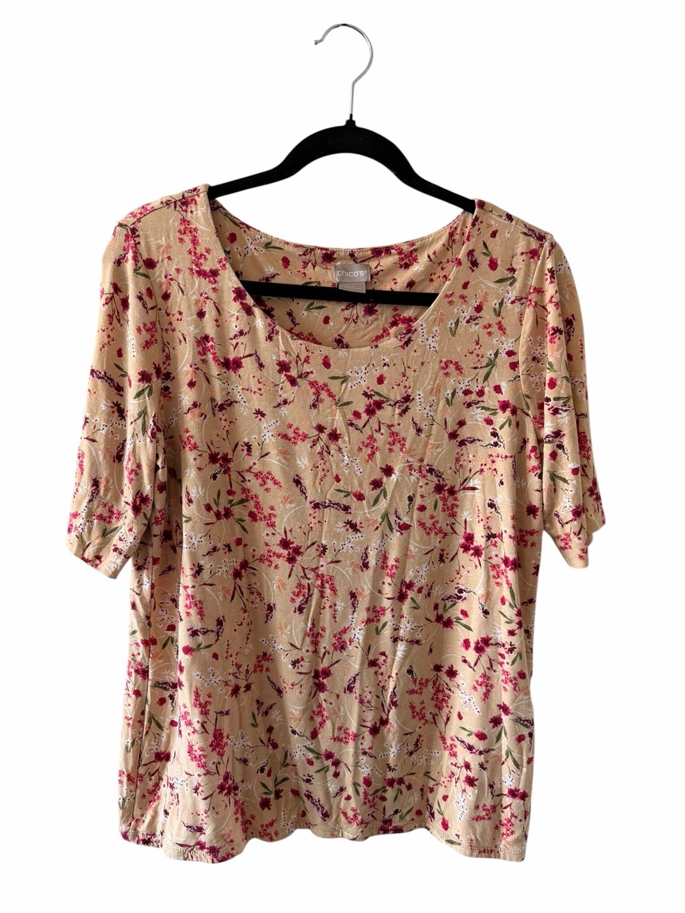 Chico's Touch of Cool Floral Scoop Neck Tee in Beige with Pink Flowers sz 1